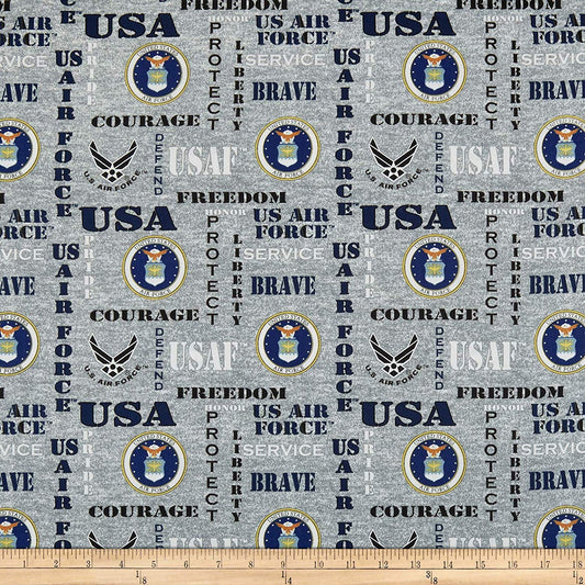 Air Force Military Armed Forces Liberty Freedom Brave Seal Heather Allover Cotton Fabric  1181-AF