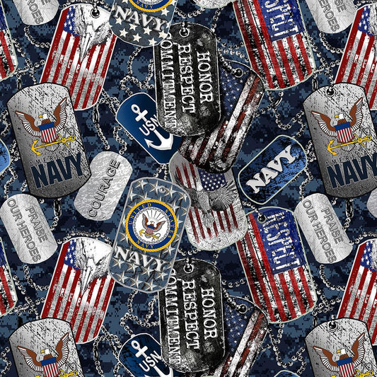 Navy Military Dogtags Allover Navy Blue Sykel Cotton Fabric 1254-N